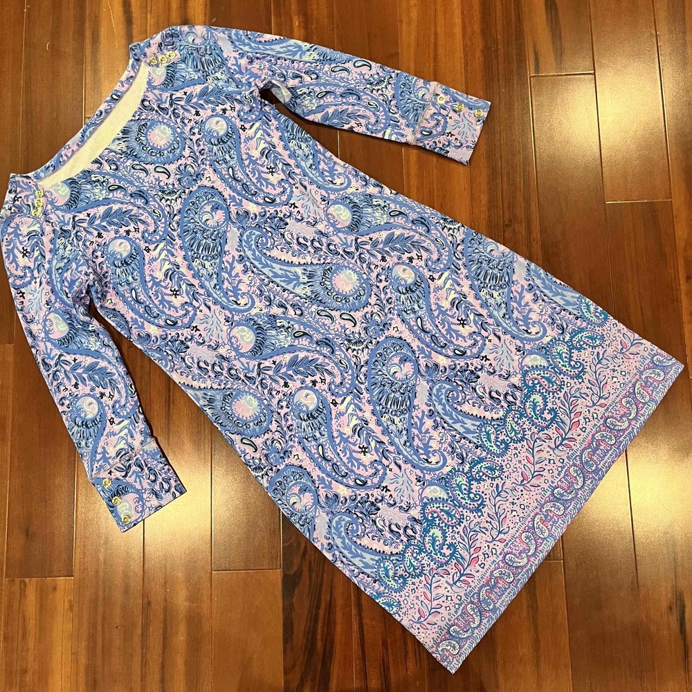 Lilly Pulitzer Blue Purple Shift Dress Paisley Print Long Sleeve Size‎ XS